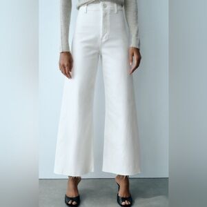 ZARA WHITE DENIM FULL STRETCH SAILOR PANT JEANS RAW HEM - 10